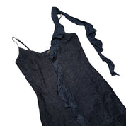 Vintage Black Lace Silk Ruffle Detail Midi Dress (M/L)