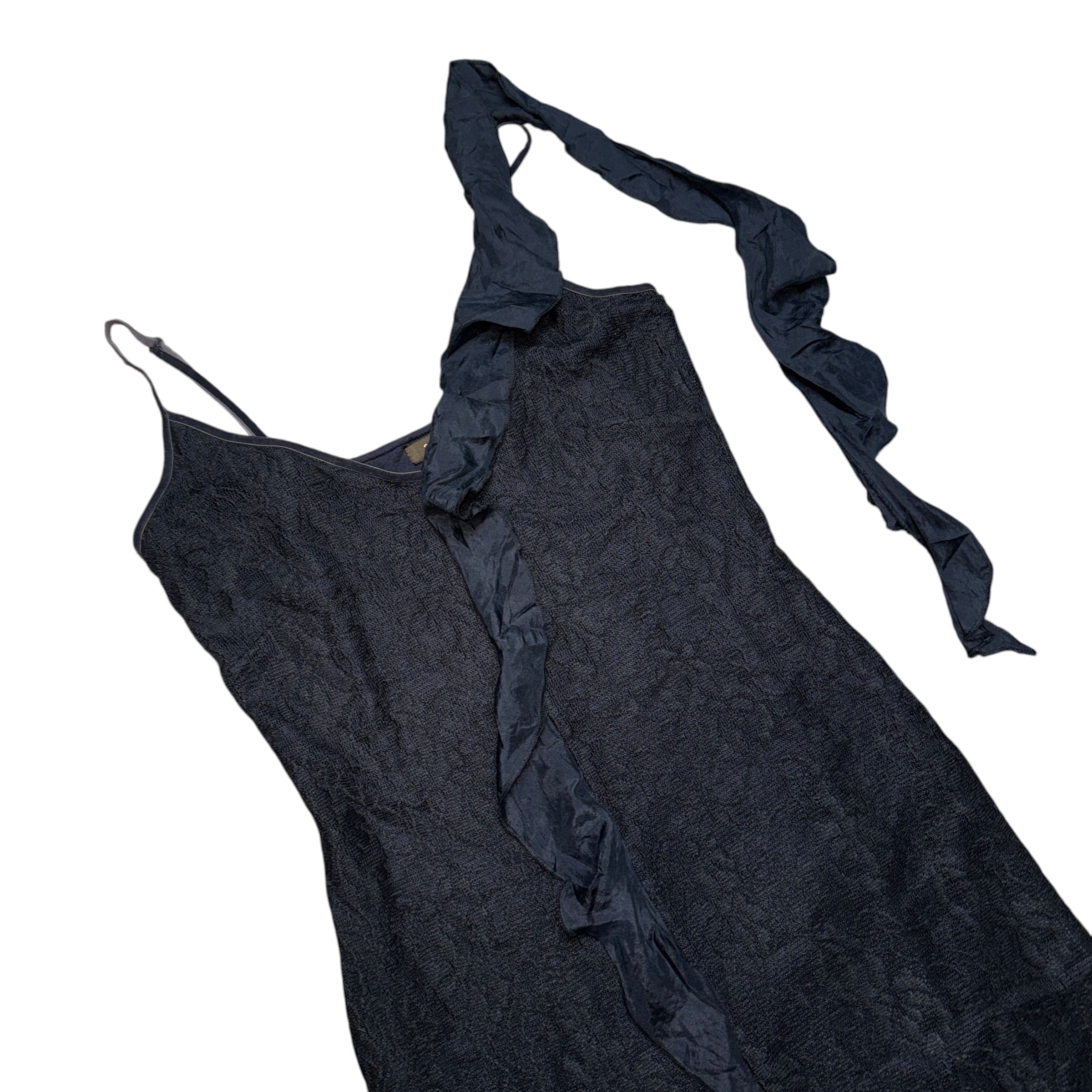 Vintage Black Lace Silk Ruffle Detail Midi Dress (M/L)