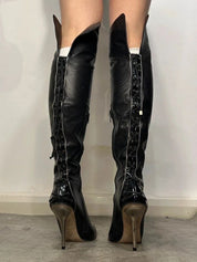 Vintage Real Leather Over the Knee Stiletto Lace up Back Black Boots (UK 5)