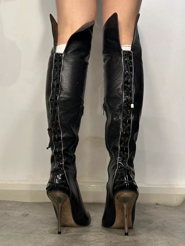 Vintage Real Leather Over the Knee Stiletto Lace up Back Black Boots (UK 5)