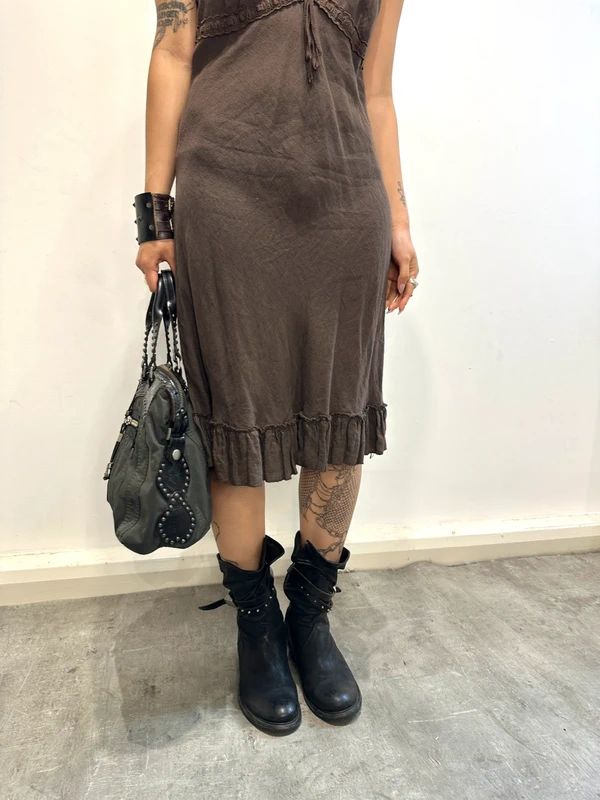 Vintage 90s Italian Linen Ruffle Midi Dress (S/M)