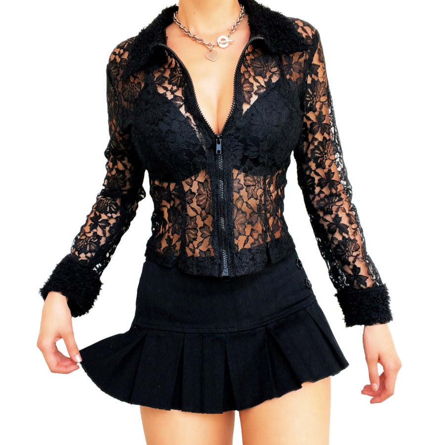 Sheer Lacy Black Zip Up Blouse (XS)