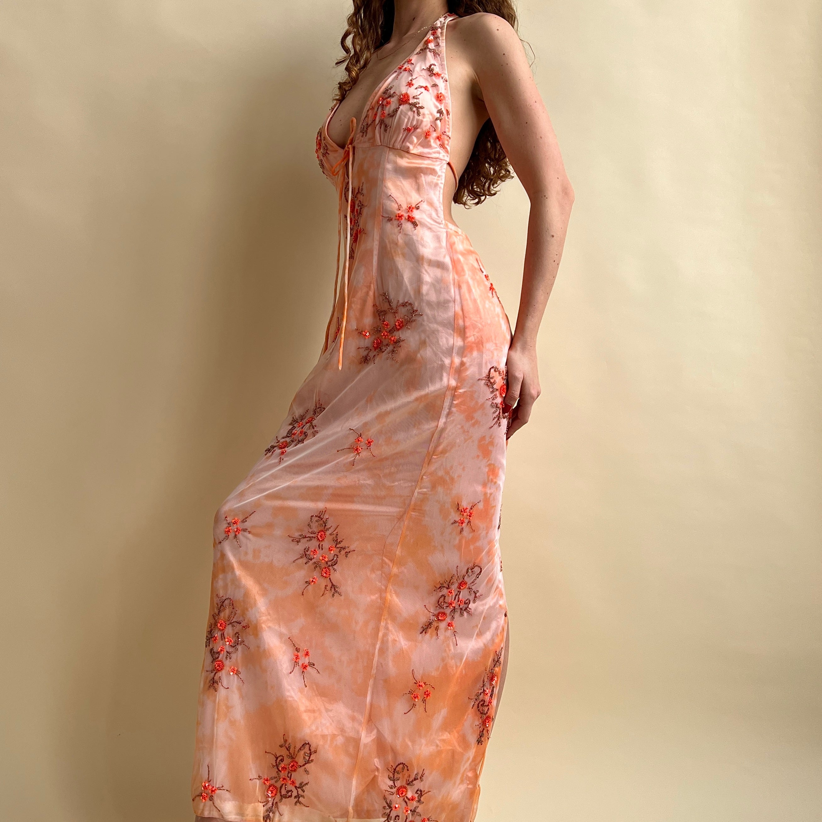 Peach tie dye floral prom dress (L) Holy Thrift Peach tie dye floral prom dress (L) Holy Thrift