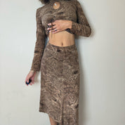 Vintage animal print suede matching skirt and top set (XS/S)