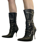 Y2K Studded Chain Stiletto Boots (US 8)