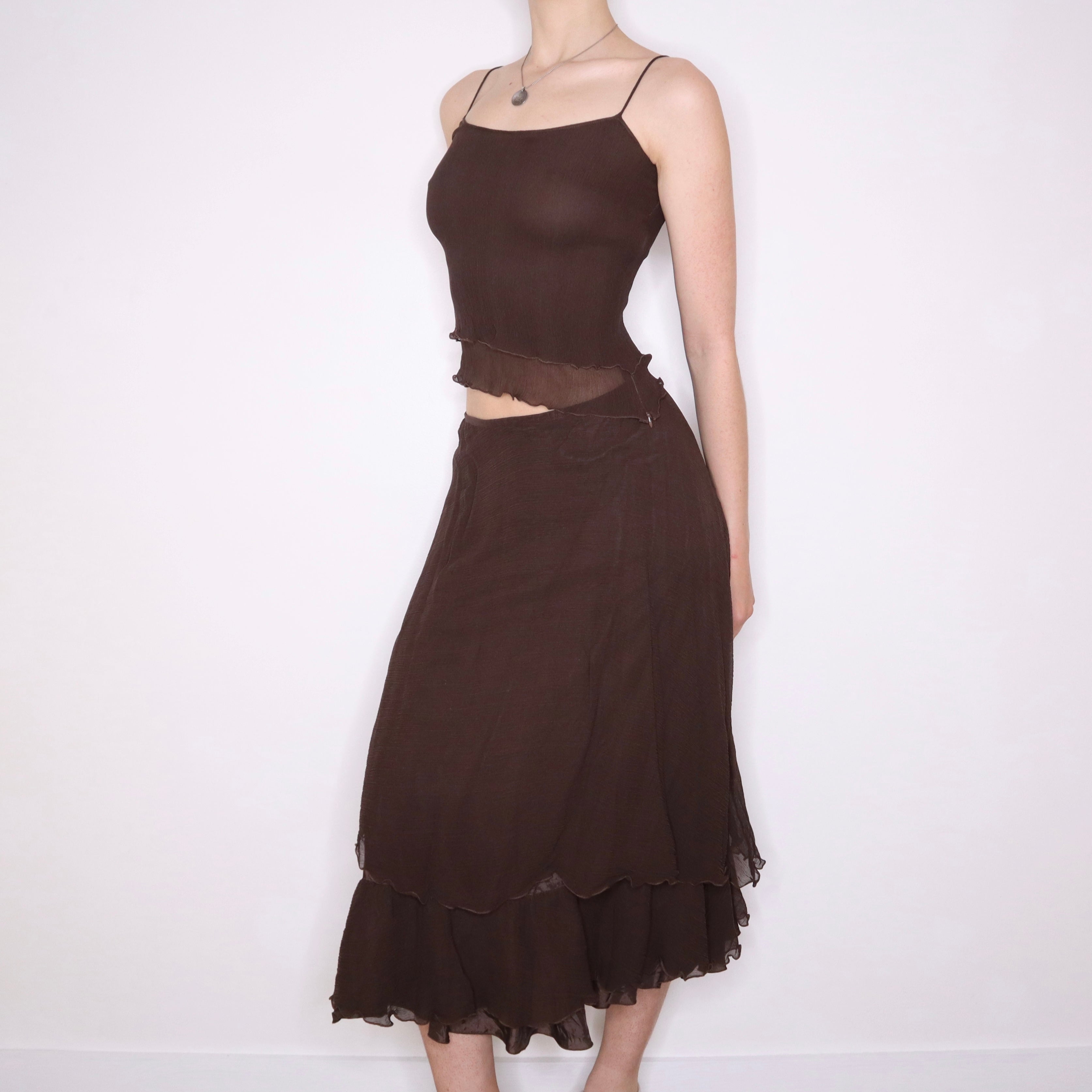 90s Boho Brown Silk Chiffon Two Piece Set (XS)
