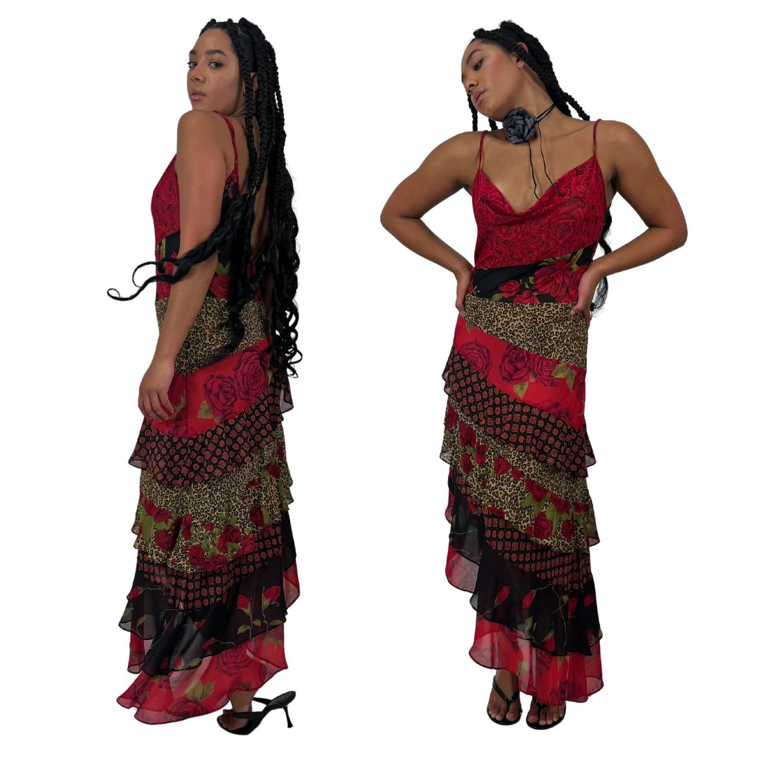2002 VS Rose & Leopard Print Flutter Maxi Dress (M/L)