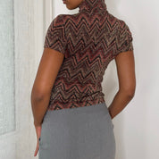 Italian Vintage Brown Copper Metallic Chevron Zigzag Knit Short Sleeve Turtleneck Top