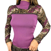 00s Knit & Leopard Print Turtleneck (M)