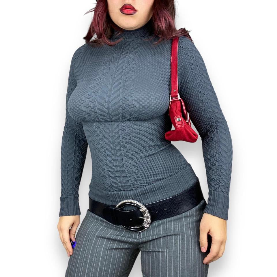 2000s Stretchy Slate Grey Turtleneck Top (S)