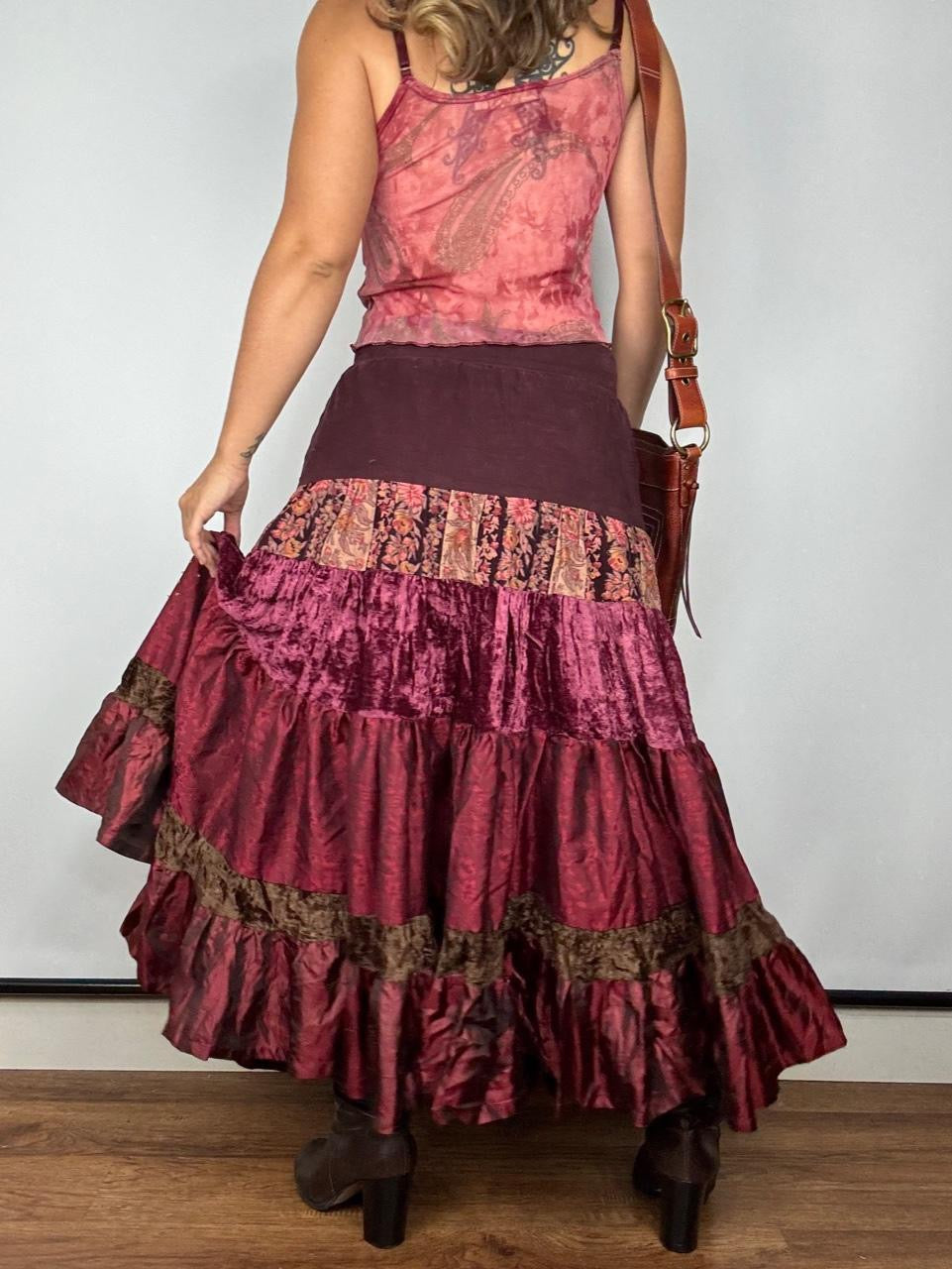Y2K Burgundy Corduroy & Velvet Tiered Maxi Skirt (M/L)