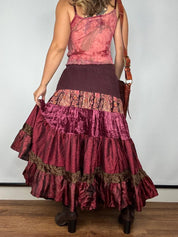 Y2K Burgundy Corduroy & Velvet Tiered Maxi Skirt (M/L)