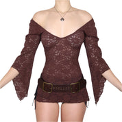 Y2K Brown Lace Boho Blouse (XS/S)