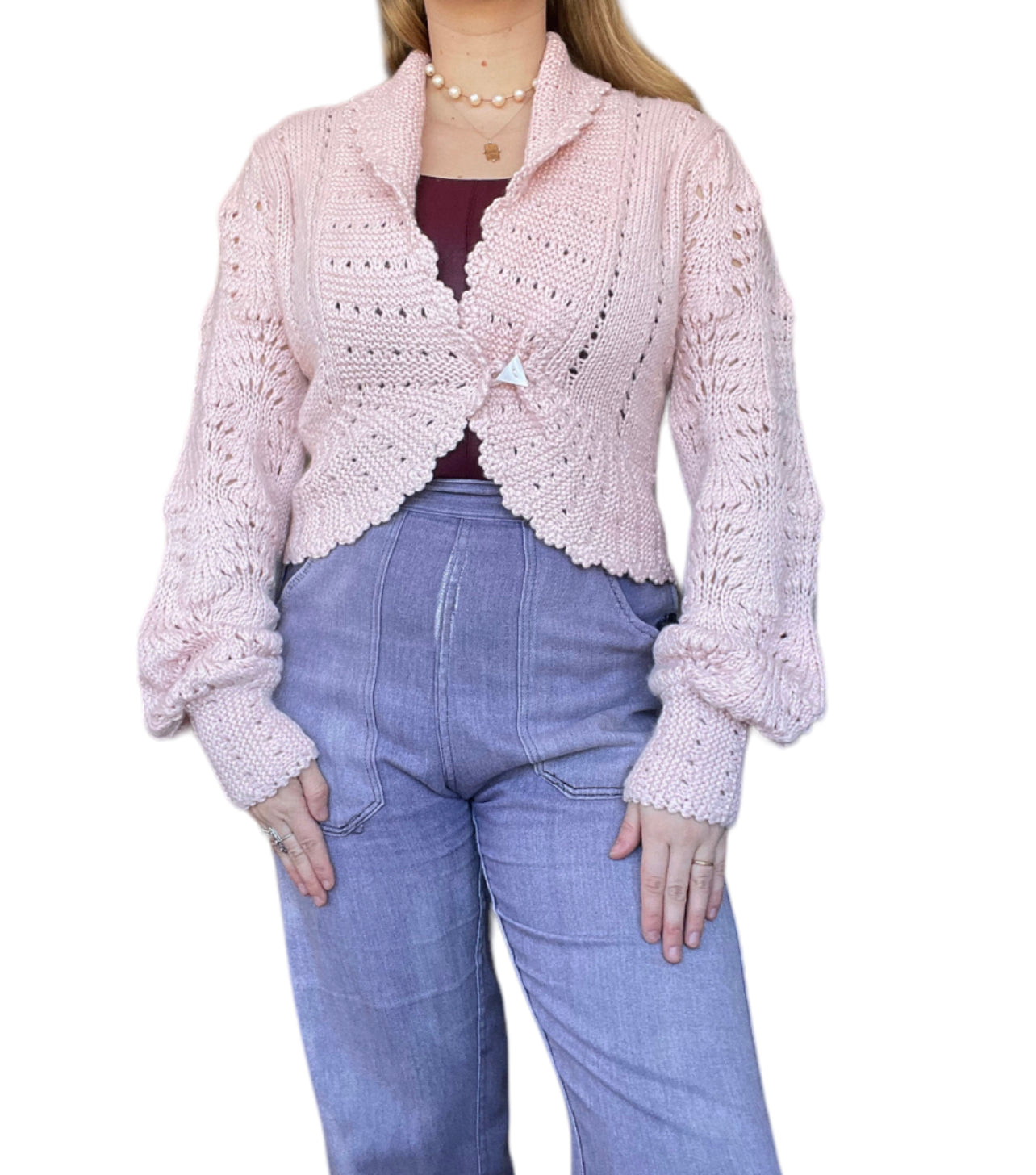 1970s/80s Vintage Dusty Pink Cotton Sweater with Bishop Sleeves (M)