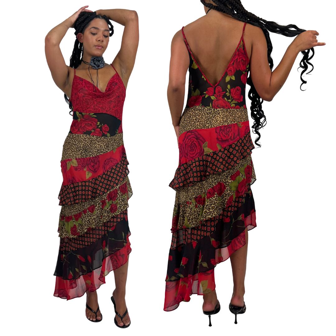 2002 VS Rose & Leopard Print Flutter Maxi Dress (M/L)