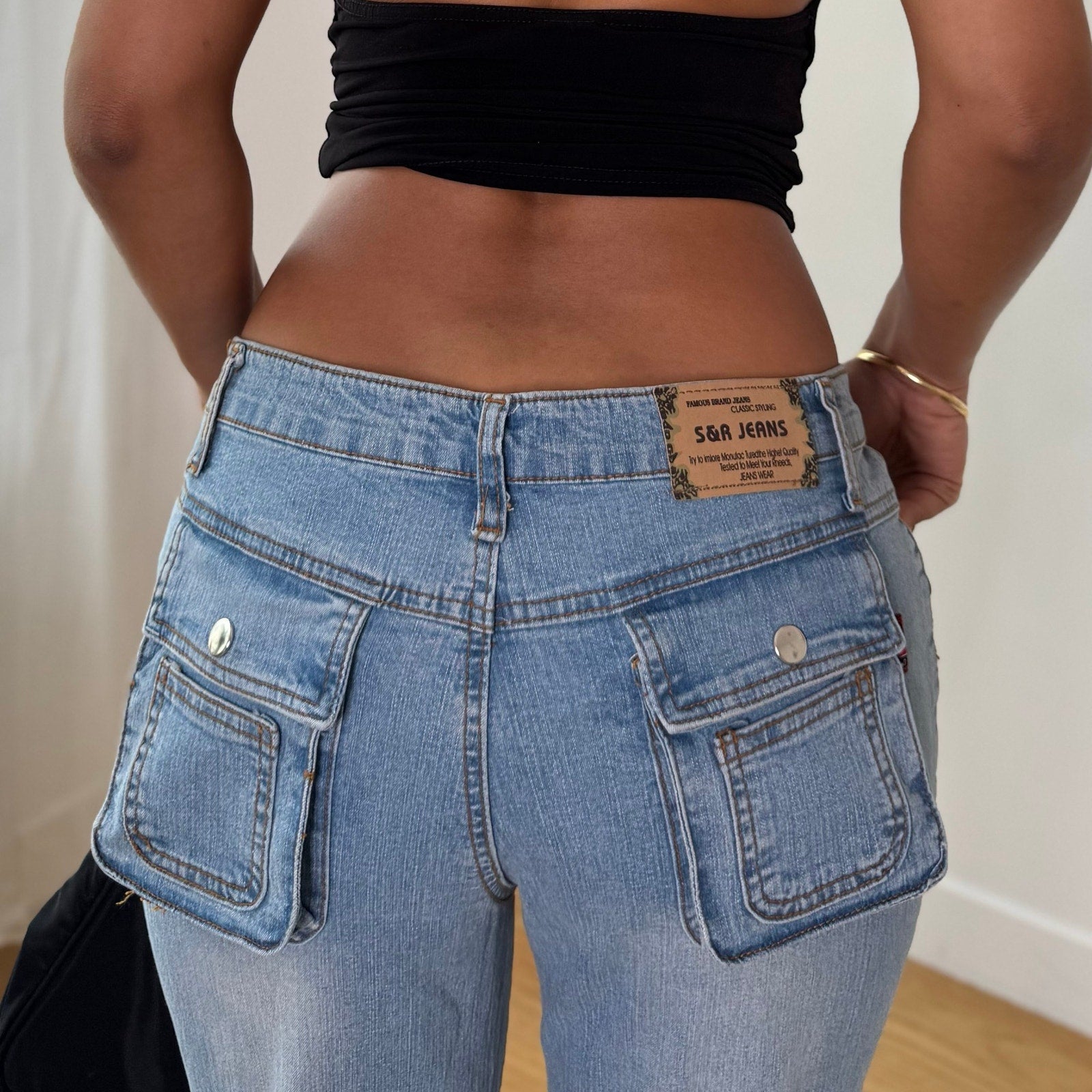 Vintage Blue Low Rise Cargo Flare Jeans (S)