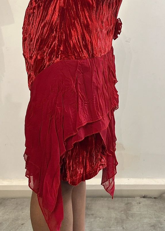 Vintage Italian Asymmetrical Sheer Ruffle Midi Dress (S/M)