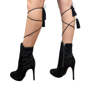 Black Genuine Suede Lace Up Stiletto Boots (6.5)