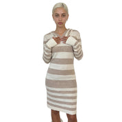 Vintage Beige Cream Striped Hooded Knit Dress (S)