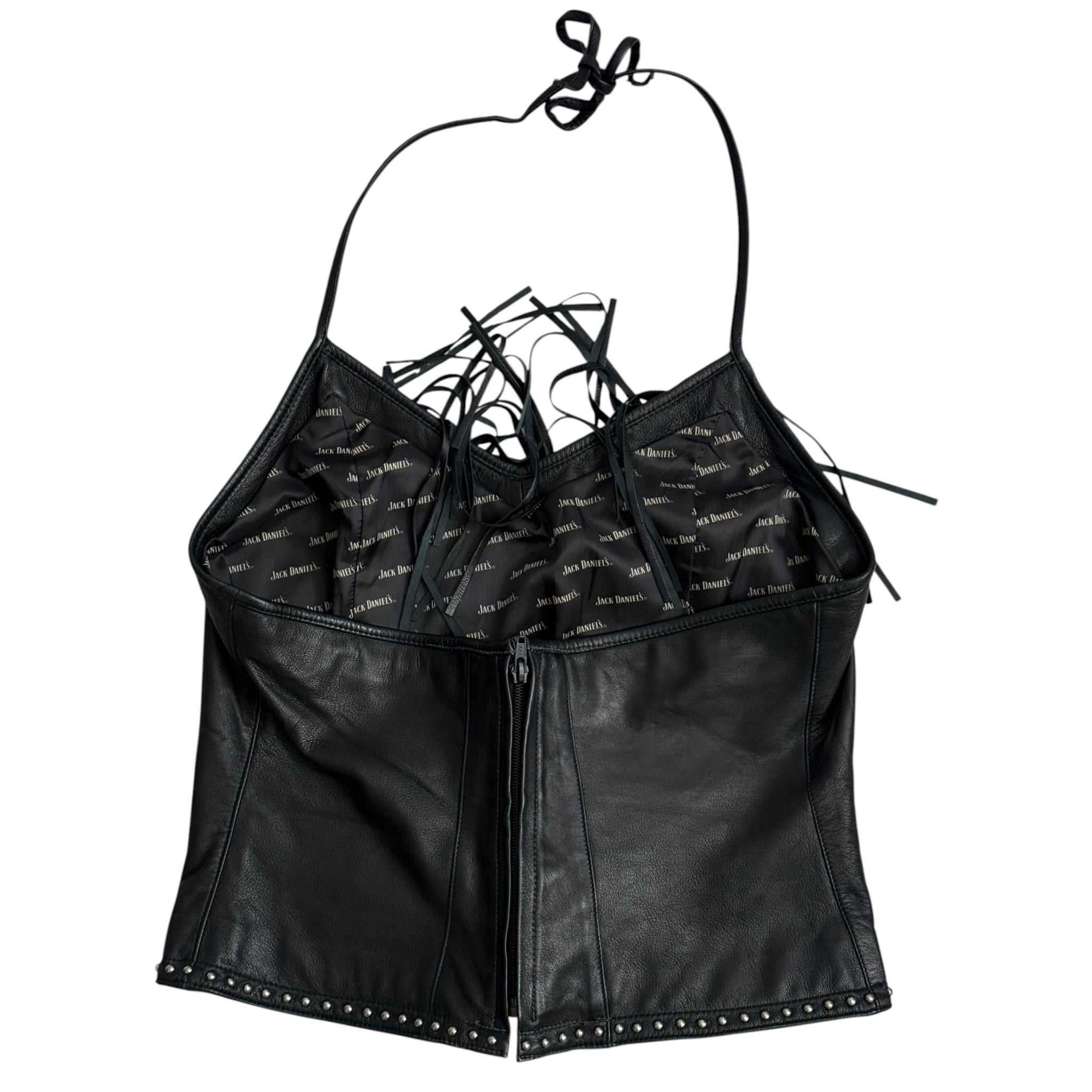 Y2K Jack Daniel’s Western-style black leather fringe halter top (M/L)