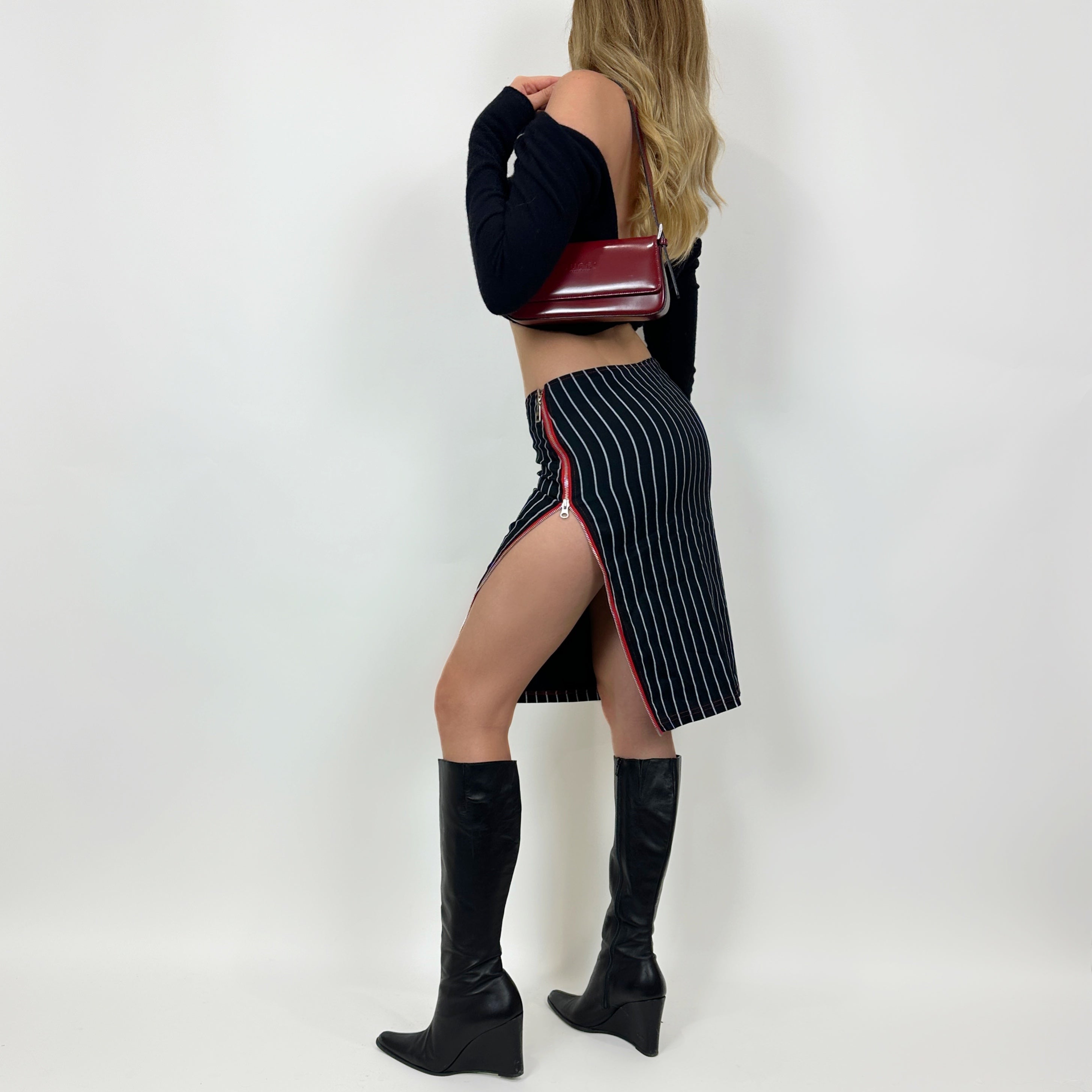 Vintage Striped Zipper Midi Skirt (S)
