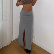 Italian Vintage Grey Low Rise Maxi Skirt with Front Slitsk