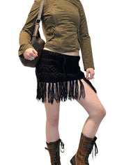 Vintage Crochet Wool Stretch Mini Skirt with Fringe (S)