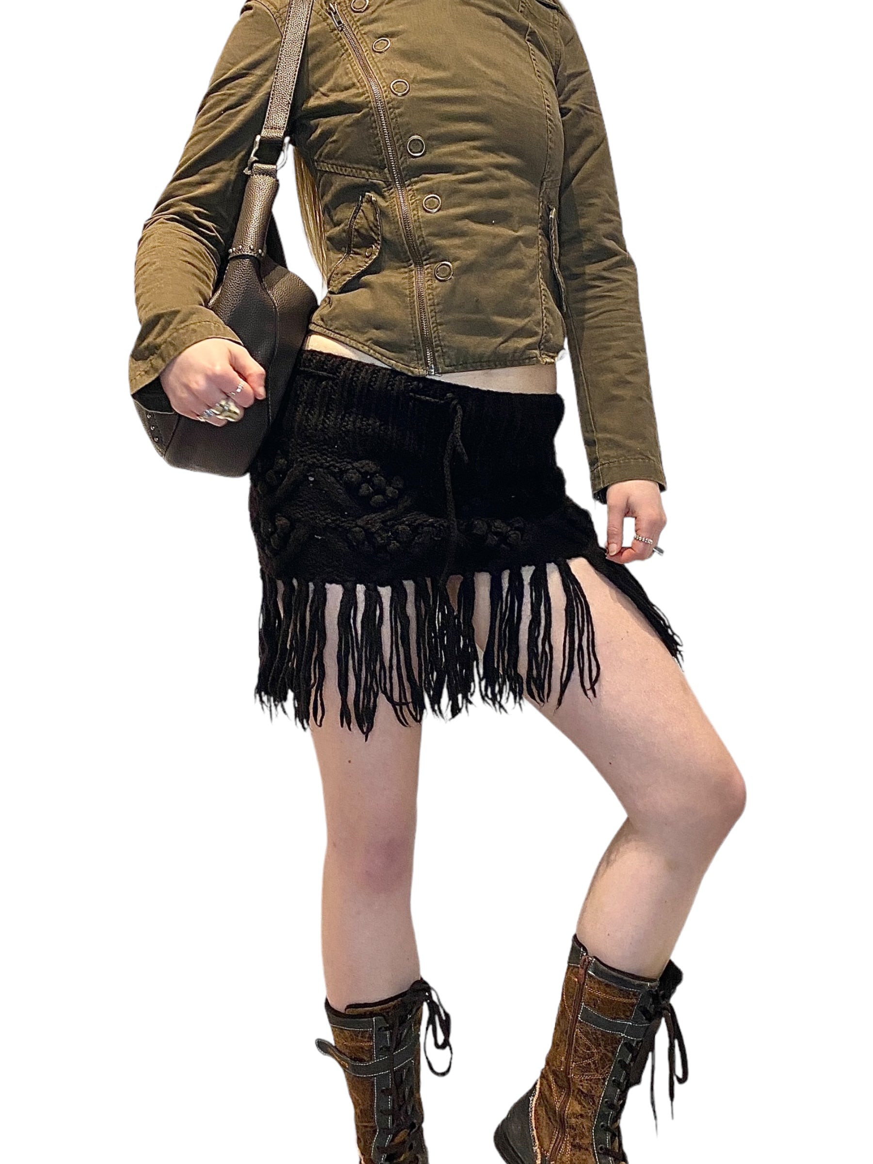 Vintage Crochet Wool Stretch Mini Skirt with Fringe (S)