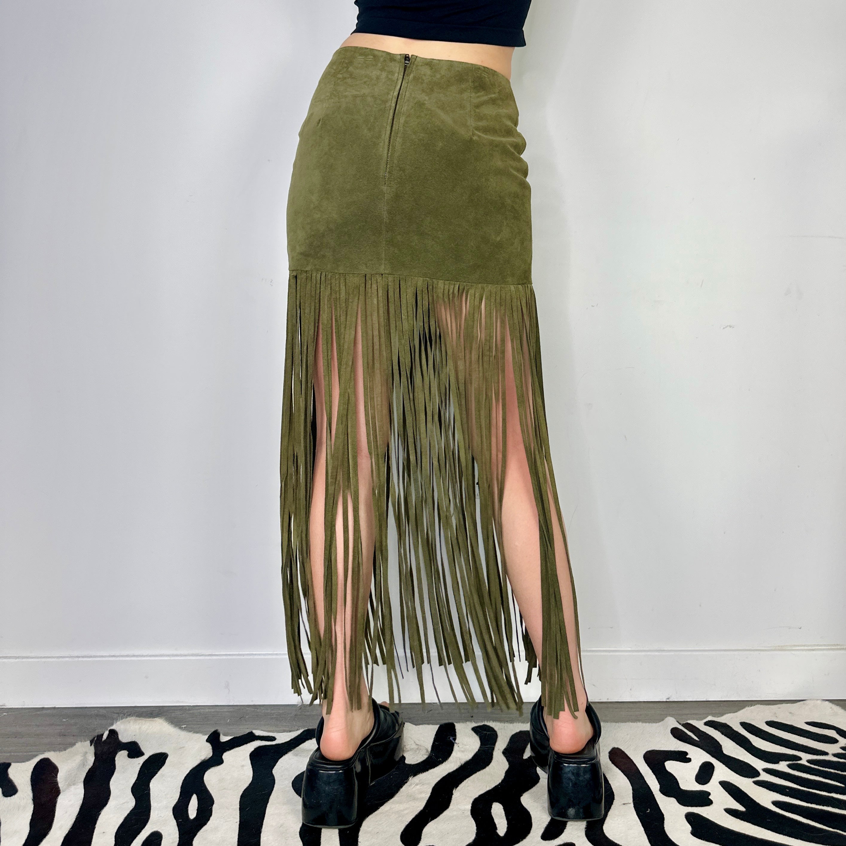 Olive Genuine Suede Fringe Maxi Skirt (S)