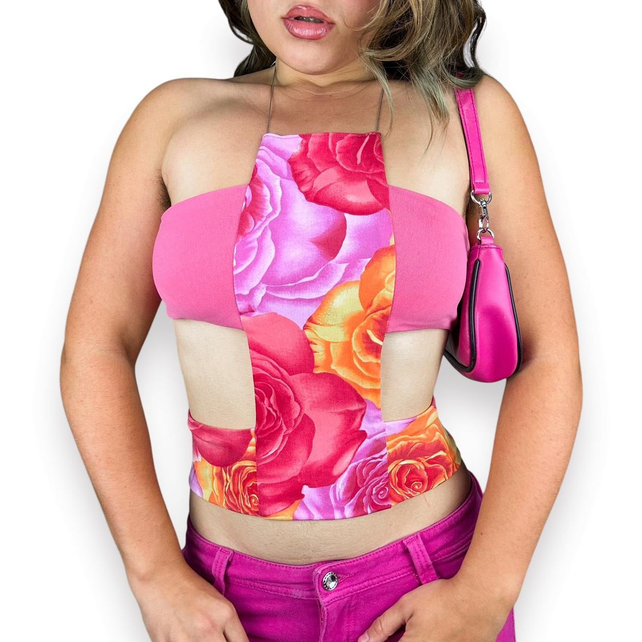 Y2K Floral Sunset Cutout Halter Top (M)