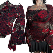 Vtg moa moa mesh bell sleeve tie back (M/L)