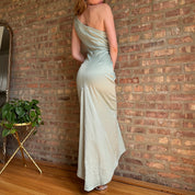 90s Pastel Mint Floral Satin Maxi Dress (M)