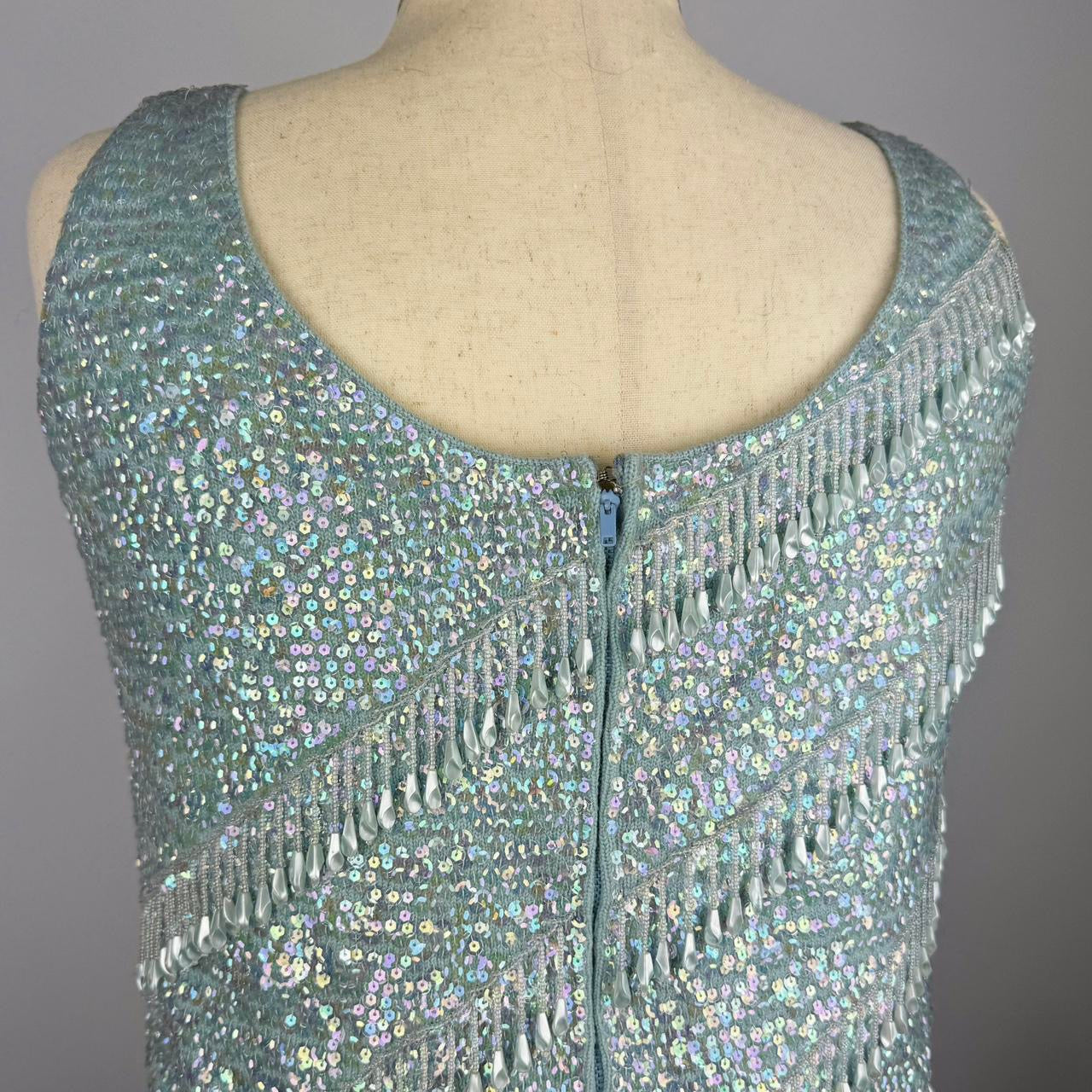 60s Baby Blue Beaded Wool Bustier (XL)