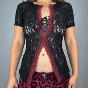 Sheer Lace Up Split Hem Baby Tee (M)