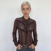Vintage Chocolate Brown Mesh Ruffle Blouse (S)