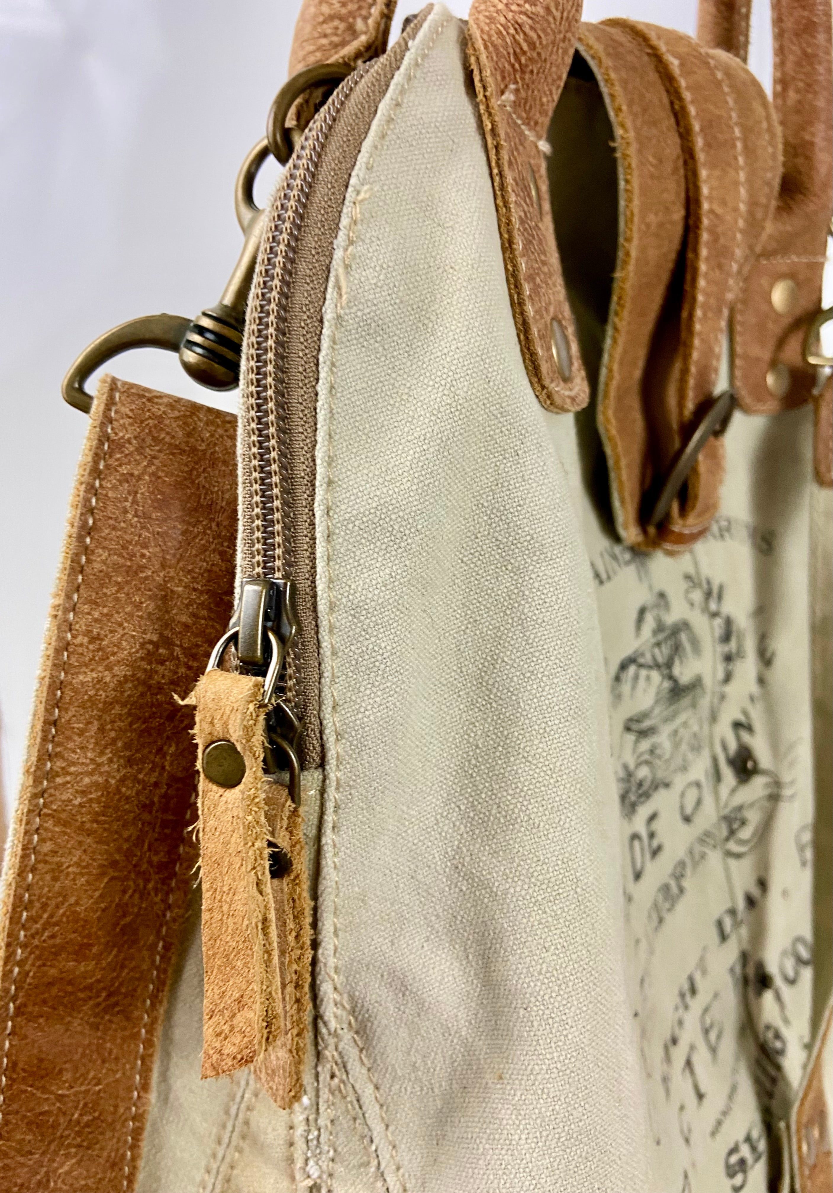 Myra Bag Upcycled Gerster Shoulder Bag Leather Canvas Accents Crossbody Strap