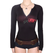 Y2K Black Rose Long Sleeve Top (S)