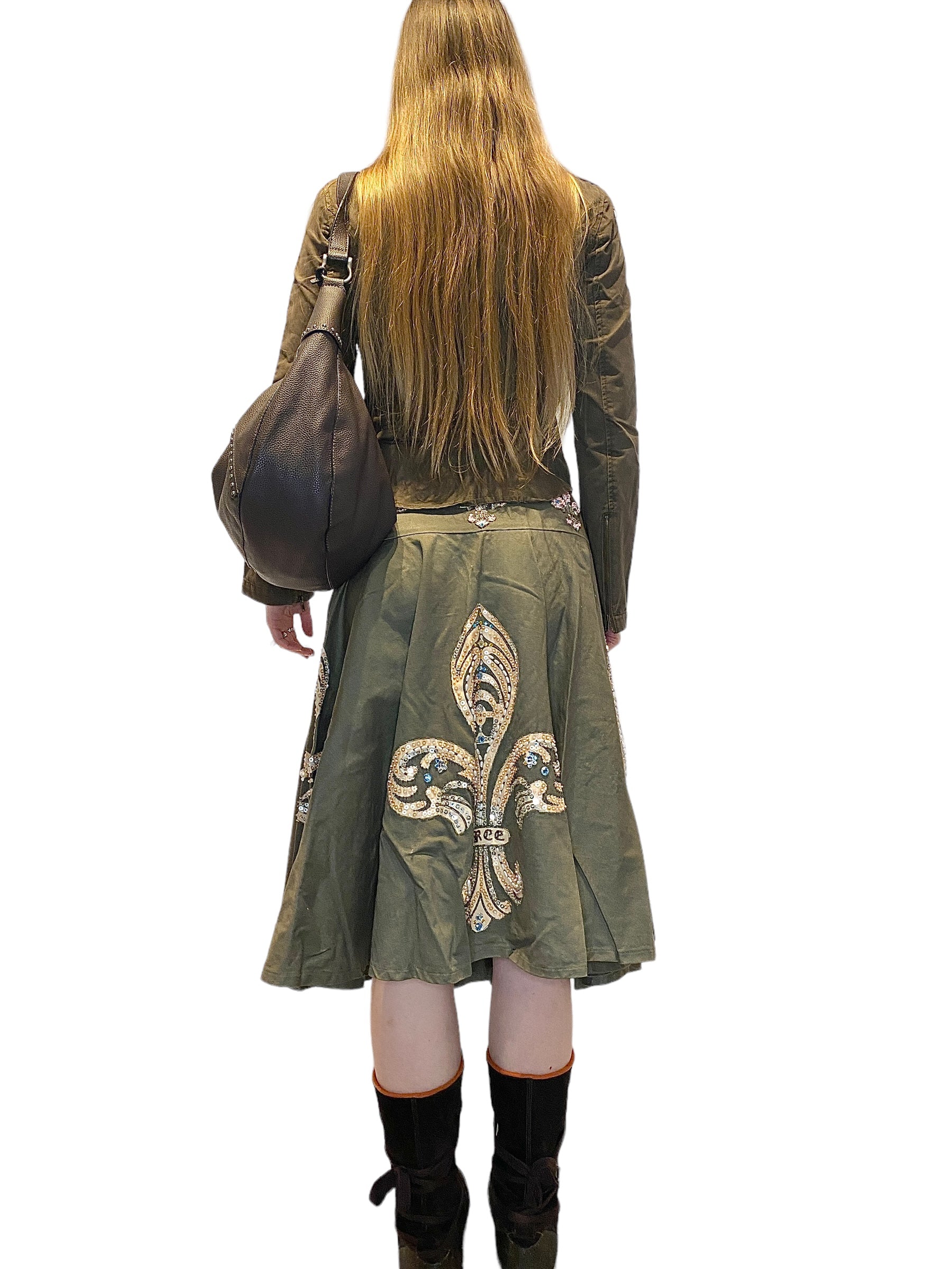 Vintage Graphic Print Embroidered Midi Skirt (M)