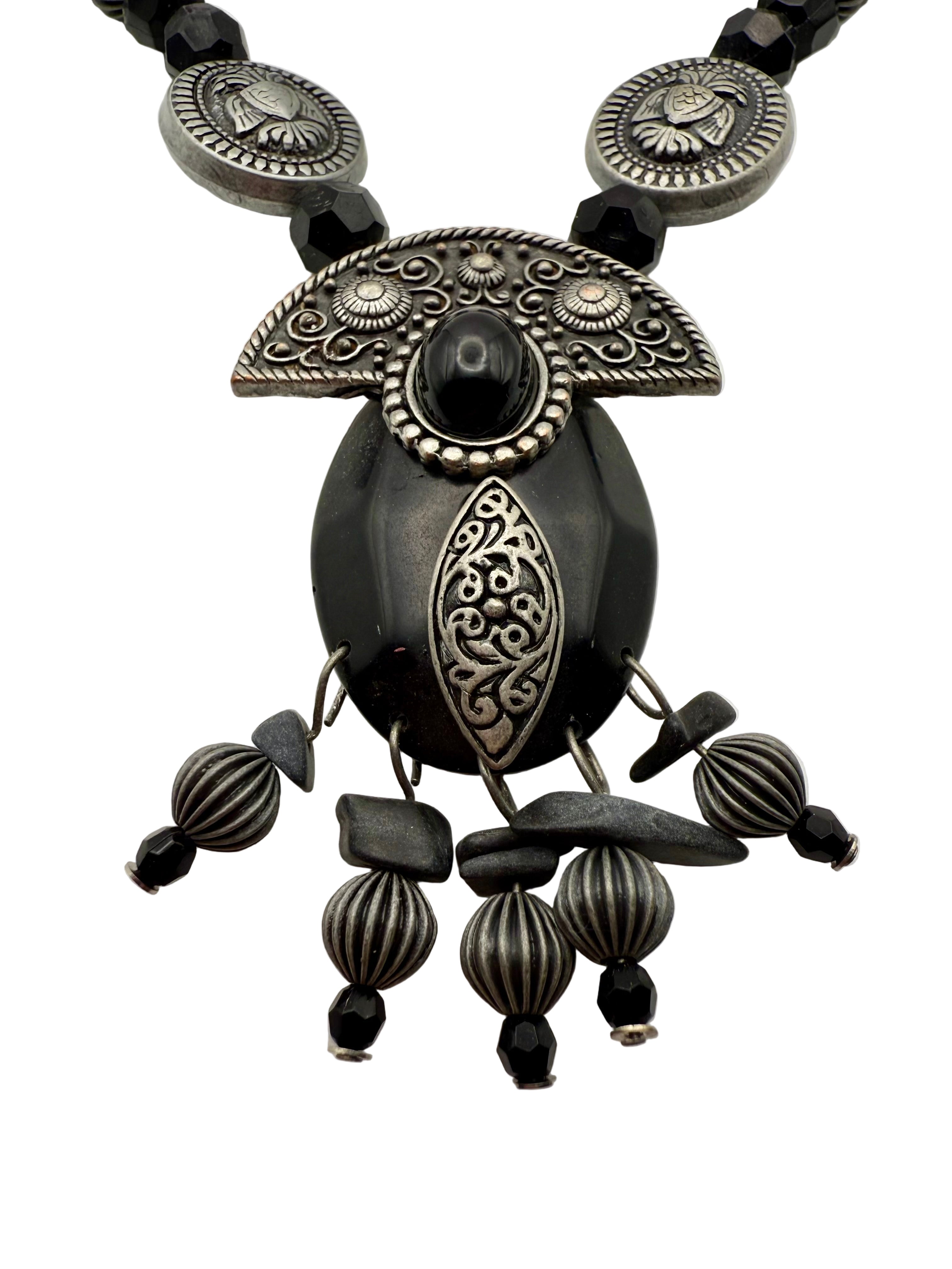 Antique Silver Black Beaded Necklace Set