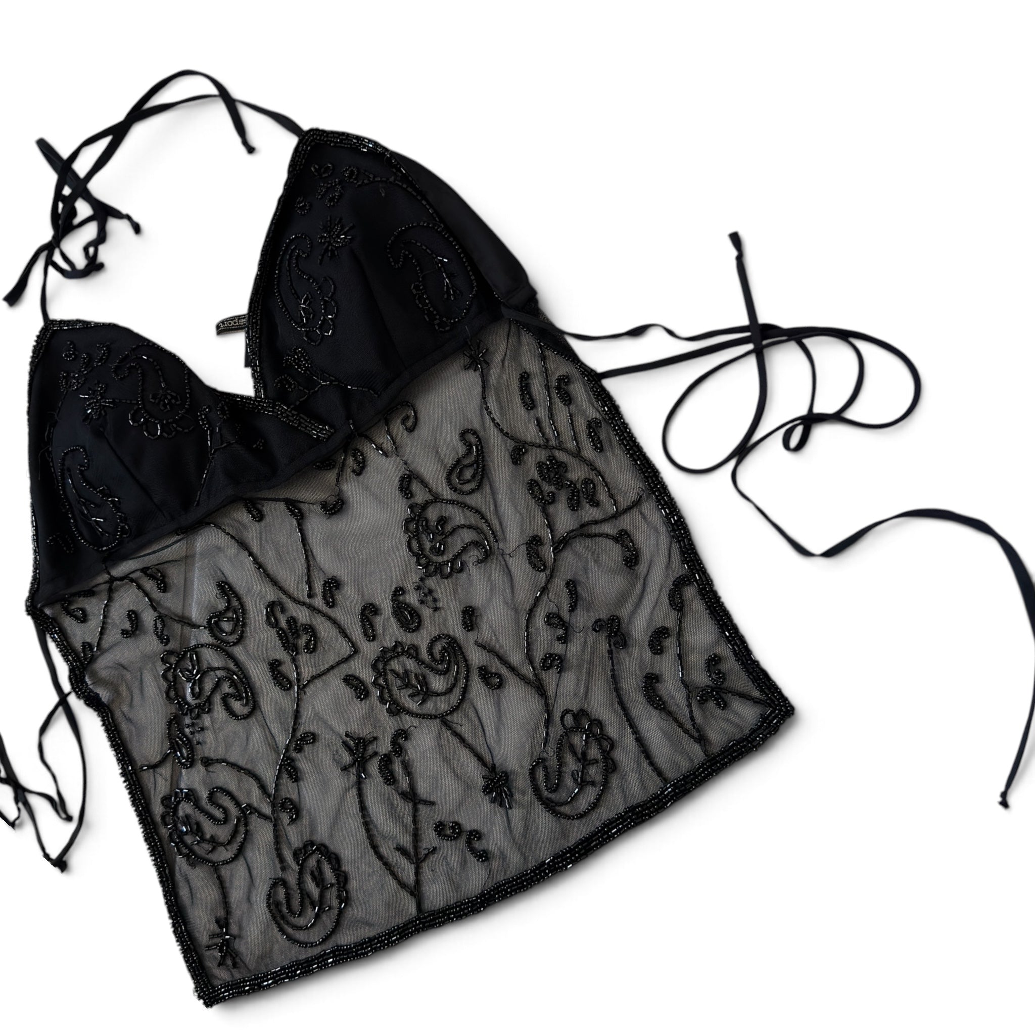 Vintage embellished mesh halter top (XS-M)