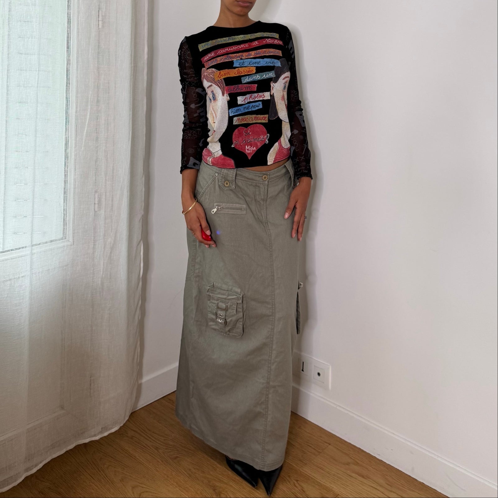 Italian vintage Y2K sage grey linen & cotton cargo maxi skirt with utility pockets & low-rise waist