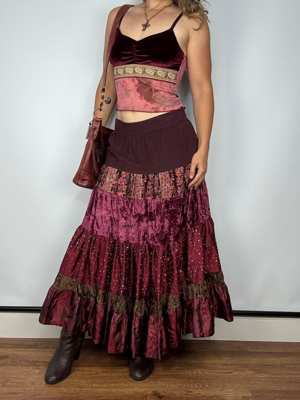 Y2K Burgundy Corduroy & Velvet Tiered Maxi Skirt (M/L)