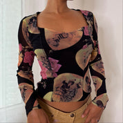 Mariella Burani Italian vintage Y2K black portrait print mesh top with Victorian medallions & pink roses