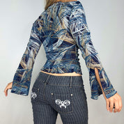 Vintage Abstract Mesh Bell Sleeve Top (M)