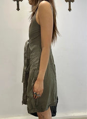 Parisian French Vintage Utility Khaki Green Cargo Midi Dress (S/M)