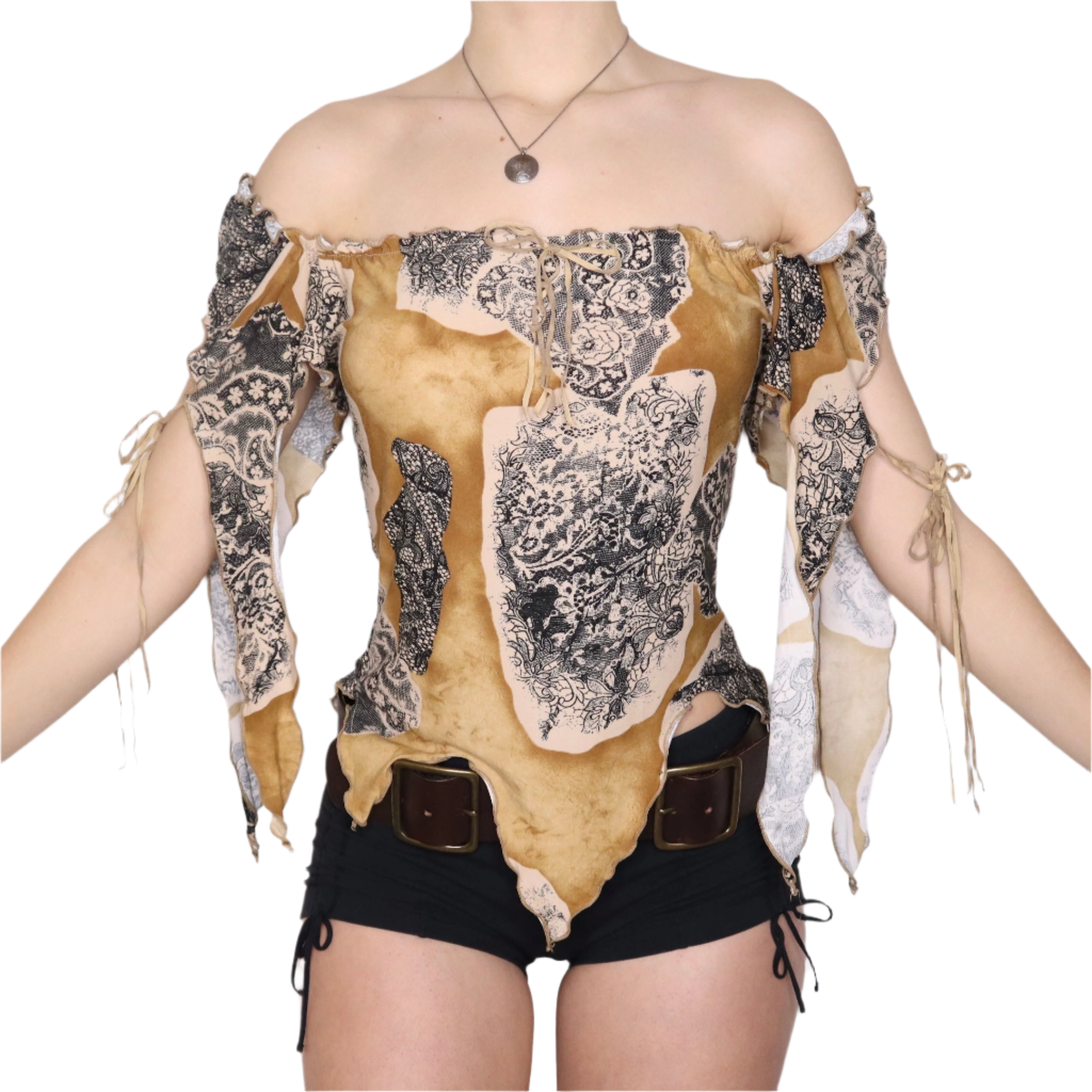 Y2K Brown Patchwork Boho Blouse (L)