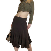 90s Clockhouse Brown Peplum Floaty Midi Skirt (S/M)