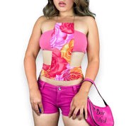 Y2K Floral Sunset Cutout Halter Top (M)