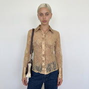 Vintage Beige Floral Lace Mesh Blouse (S)