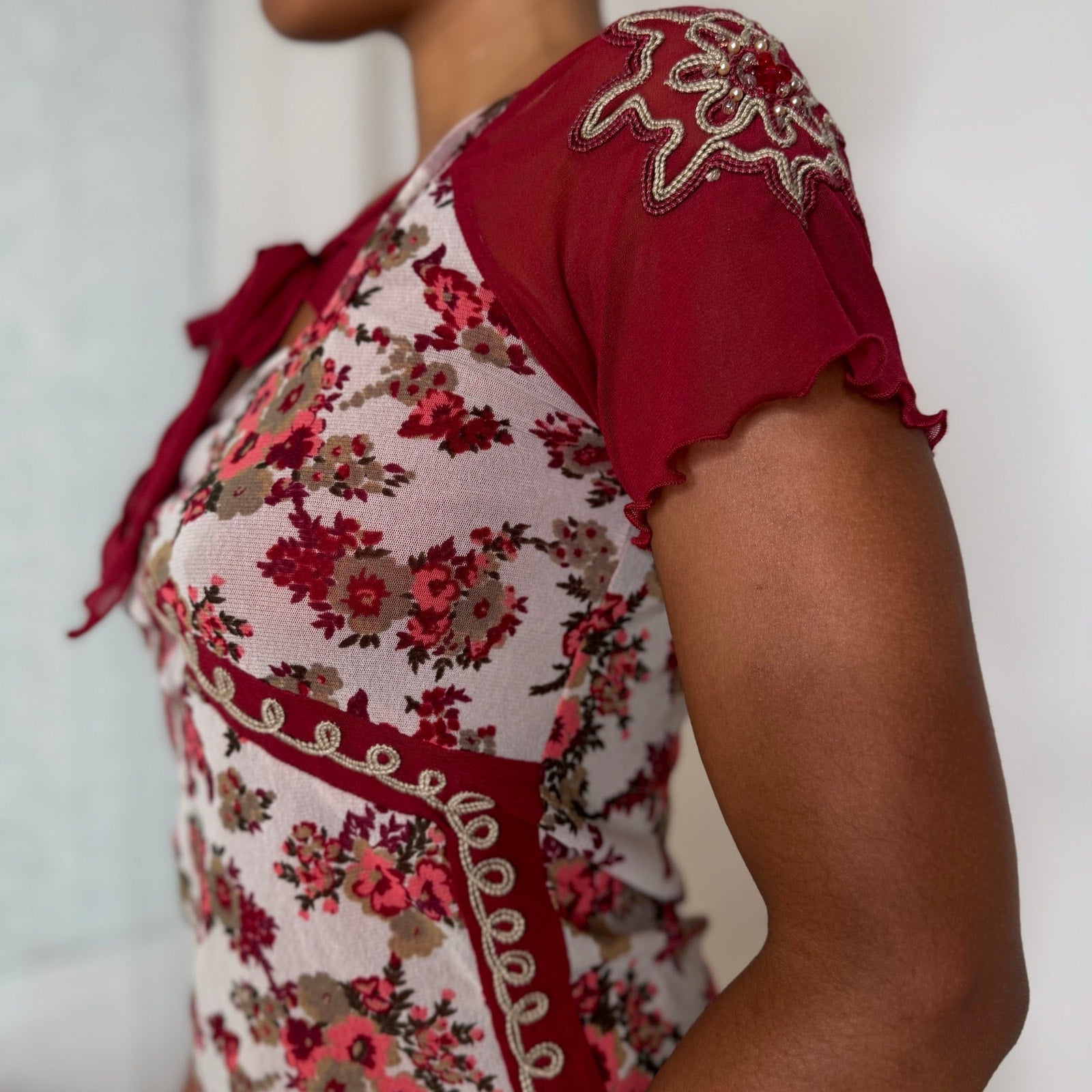 Italian vintage burgundy floral mesh top with beaded sleeves